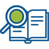 Magnifying glass over an open book icon, representing search or research
